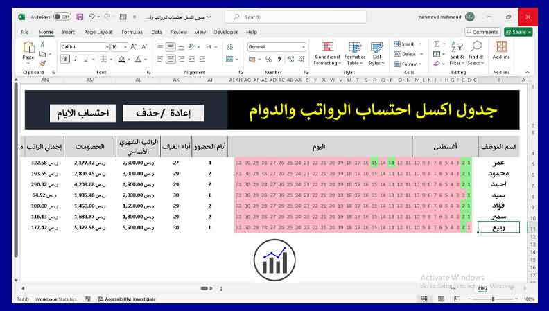 جدول اكسل احتساب الرواتب